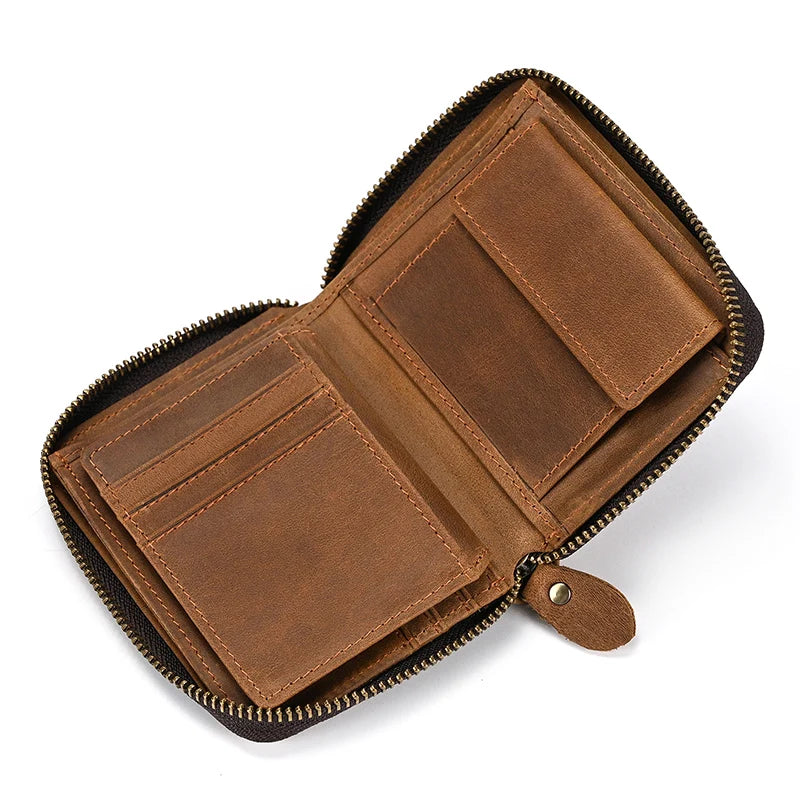 2023 New Short Wallet Men Women Vintage Fashion Card Holder Zipper Coin Purse Crazy Horse Leather Mens Slim Zipper Purse Wallet 1036 Light Brown