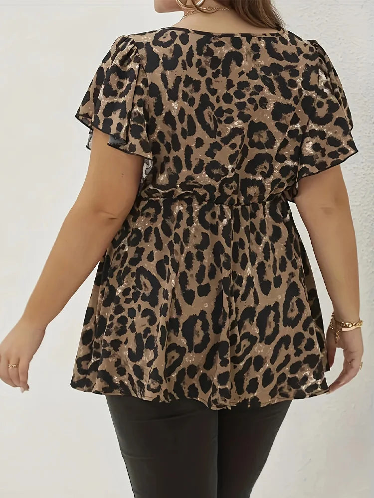 Plus Size Women's Shirt, Leopard Print Round Neck Waist Short-Sleeved Shirt, Holiday Casual Top