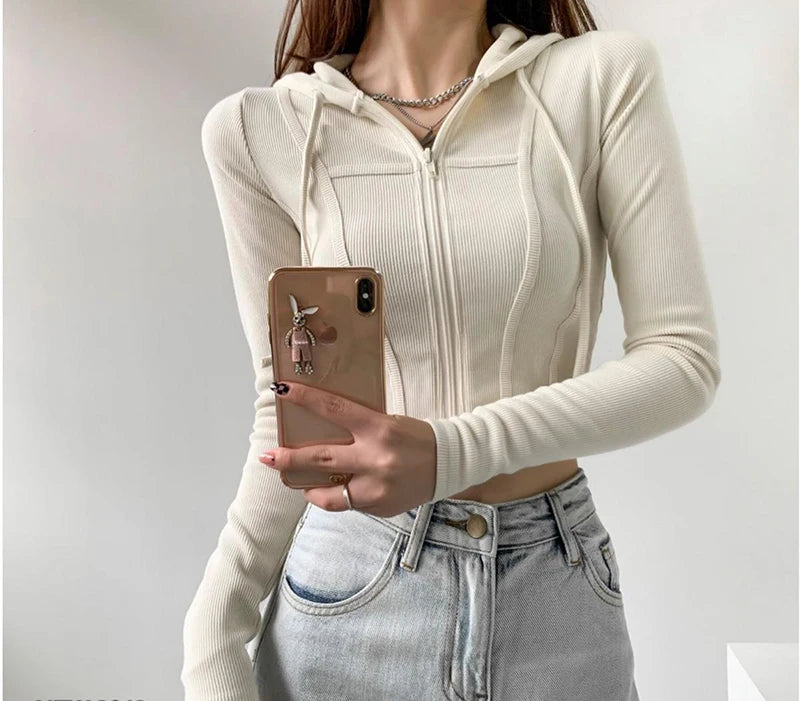 Thin Hooded Cardigan Women Korean Vintage Slim Summer Solid Sports Jacket Vertical Pit Stripe Zipper Female Sexy Cropped Tops