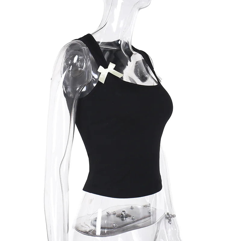 Y2K Women'S Bow Tie-Up Tank Tops Wide Shoulder Straps Bandage Camisole Sexy Low Cut Crop Tops Female Vest Tops