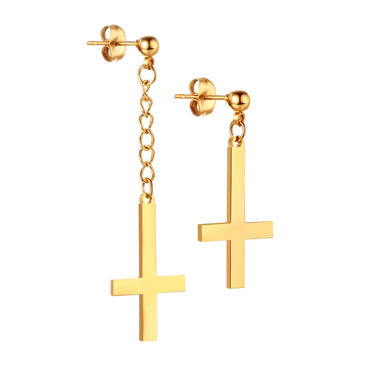 BONISKISS Men Women Stainless Steel Inverted Upside Down Cross Earring Church of Satan Temple Occult Satanic Witchy Stud Jewelry Asymmetrical Golden