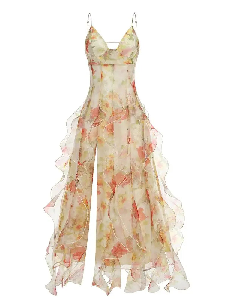 Summer New 2024 Women Sexy V Neck Backless Flower Chiffon Maxi Gowns Dress Split Celebrity Cut Out Beach Maxi Dress Yellow