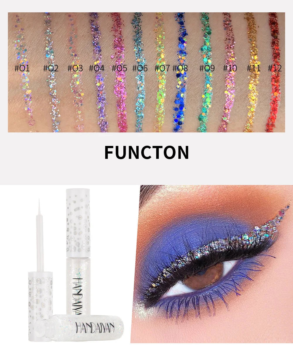 12 Colors Shiny Eye Liners Cosmetics For Women Pigment Silver Rose Gold Color Glitter Liquid Eyeliner Metallic Colorful Makeup