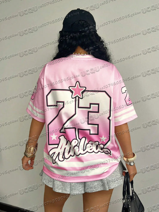 Pink Girls' Digital Printed Jersey T-Shirt Summer Women'S Sports Fashion Age Reducing Streetwear Y2k Casual Travel Clothing Top