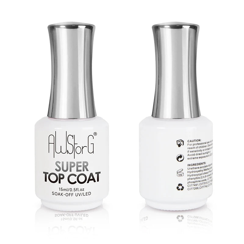 AWStorG15ml 2 IN 1 Crystal Top Coat Transparent Soak Off UV LED Nails Art Manicure Gel Nail Polish Varnishes Primer Function Gel 15ML Super Top Coat