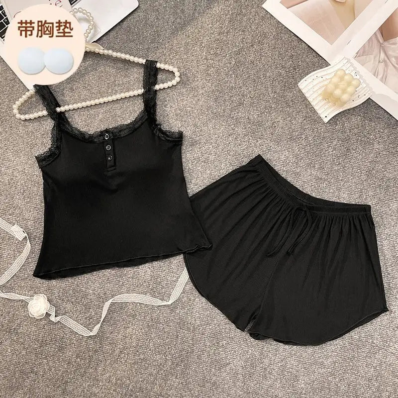 Casual Women Pajamas Summer Sleepwear Spaghetti Strap Shorts Sets 2 Pieces Night Wears O-neck Korean Sleeping Solid Home Suit black