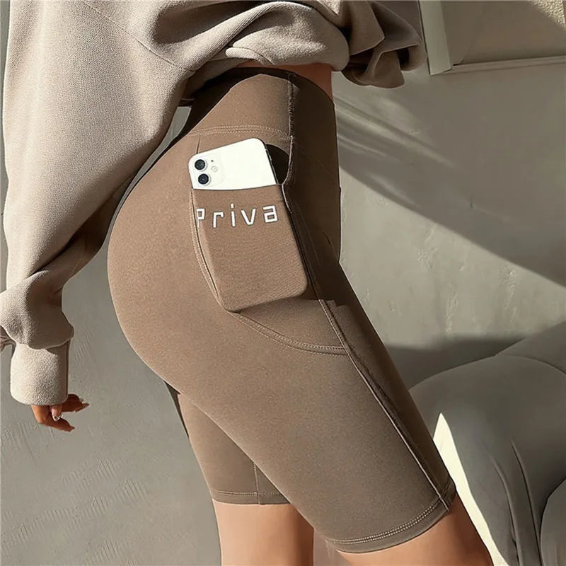 Women Yoga Sports Shorts High Waist Fitness Shorts Casual Streetwear Short Trousers Female Tight Shorts For Ladies Workout Pants Coffee