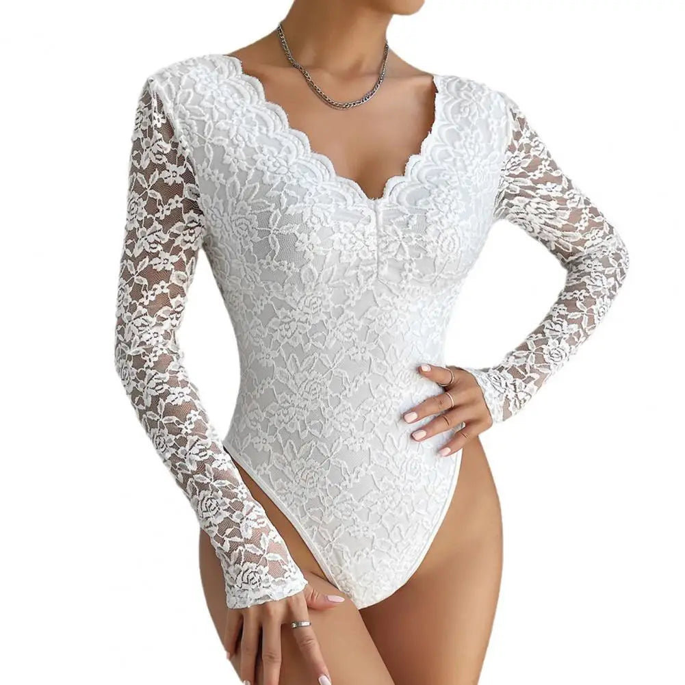 Slim Fit Bodysuit Elegant Lace Embroidered Bodysuit Deep V Neck Long Sleeve Playsuit Women's Slim Fit Spring Romper Lace White China