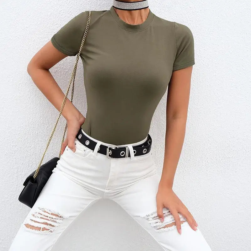 Casual Basic Black White Bodysuit Women Summer Short Sleeve Woman Body Top Cotton Bodycon Jumpsuit Romper Ladies 2020 army green