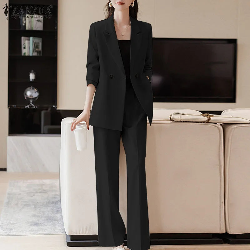 ZANZEA Korean Fashion Blazer Tops 2pcs Suits Autumn 2024 Solid Color Women Elegant Pant Sets Trousers Commute Blazer Suits
