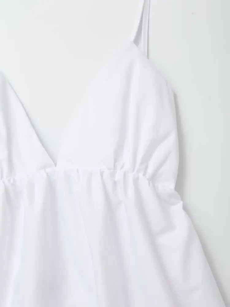 ZBZA Women's Backless Midi Dress Waistband V Neck Solid Pullover High Waisted Loose Fitting Camisole A-line Skirt New Chic Dress