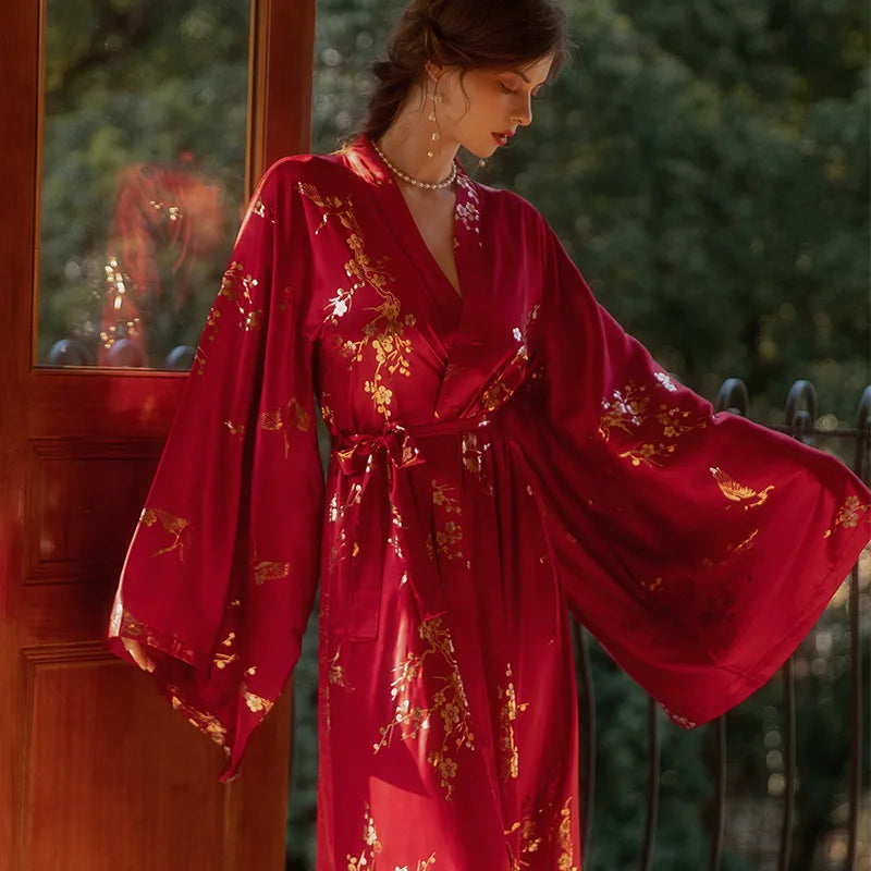 Luxury Burgundy Kimono Robe Women Wedding Bride Bathrobe Sexy Bronzing Flower Morning Dressing Gown Elegant Sleepwear Nightgown burgundy