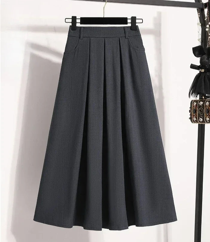 2025 Solid Color Versatile Medium Length Skirt Pleated Plus Size A-Line Maxi Gown Cover Hip Spring Summer New Half-length Skirt