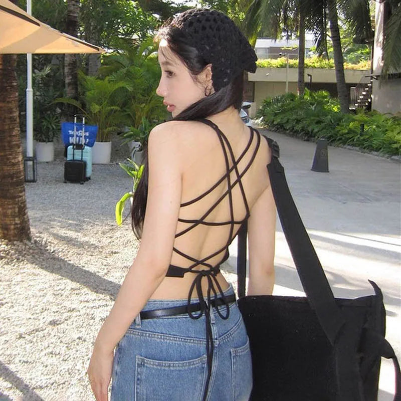 Y2K Women's Tops Backless Crop Top Sleeveless Sexy Cute Black Vest Tank Top Summer Cropped Vest Female 2000S Clothing