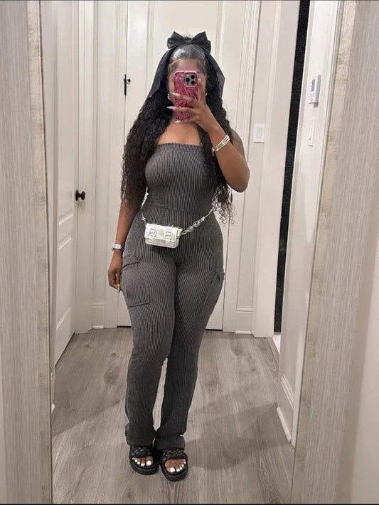 XIZOU Elegant Off Shoulder Strapless Knitted Pockets Girl Jumpsuits Women's Fitted Overalls Outfits Night One Piece Rompers