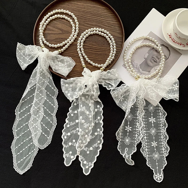 High-Quality Retro Silk Scarf Featuring Lace; Versatile Long Streamer Headband