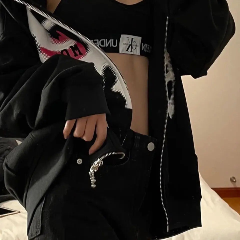Y2K Rhinestone Cobweb Zip Up Oversized Sweatshirt 2022 Autumn Goth Hoodie Men Women Grunge Hooded Jacket Streetwear Y2K Clothing