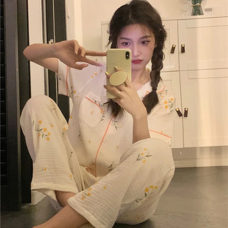 Summer Women's New Net Red Foam Pajamas Loungewear Teenage Students Pajamas Loungewear Short Sleeve Trousers Sweet Casual Set 003