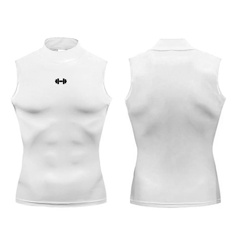 Compression Shirt Men Summer Sportswear Running Vest Elastic Quick Dry Sport Sleeveless Tops Tee Turtleneck Gym Workout Tank Top White