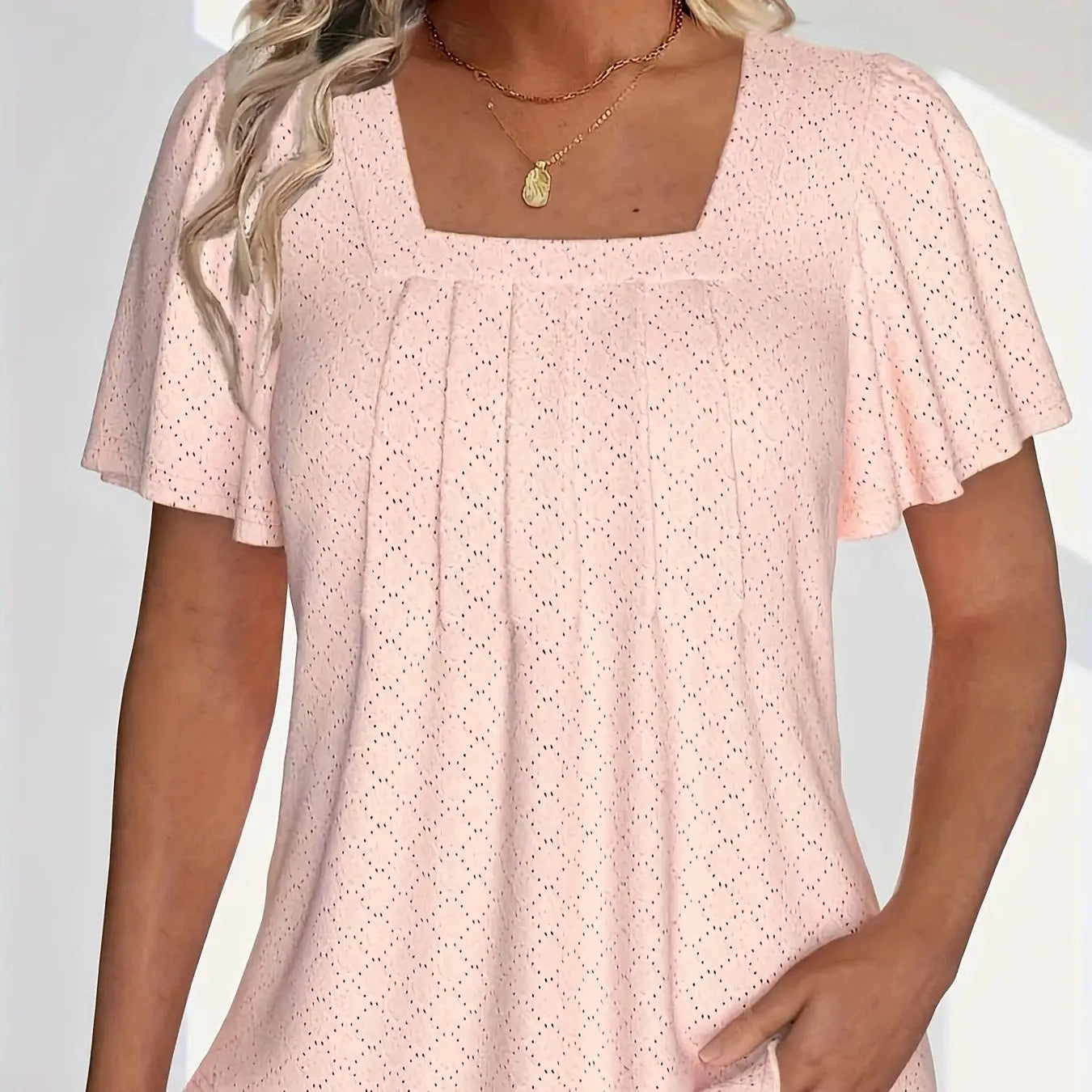 Plus size spring and summer fashionable and elegant hollow tops for women office wear loose ruffle sleeves versatile tops for PinK