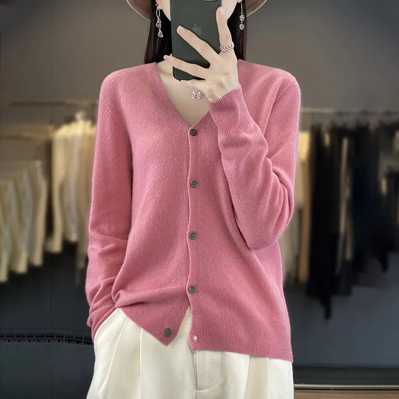 100 Merino Wool Knitted V-neck Sweater Women's Top Loose Korean Version Fashionable Versatile Autumn And Winter Cashmere Sweater WQ015 fen