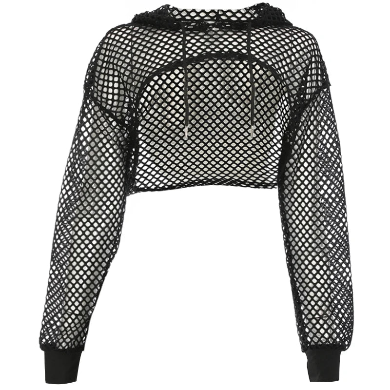 CIBBAR Street Style Fishnet Holes T Shirt See Through Hollow Out Hooded Full Sleeve Crop Top Women Casual Loose Shirt Smock Fall black