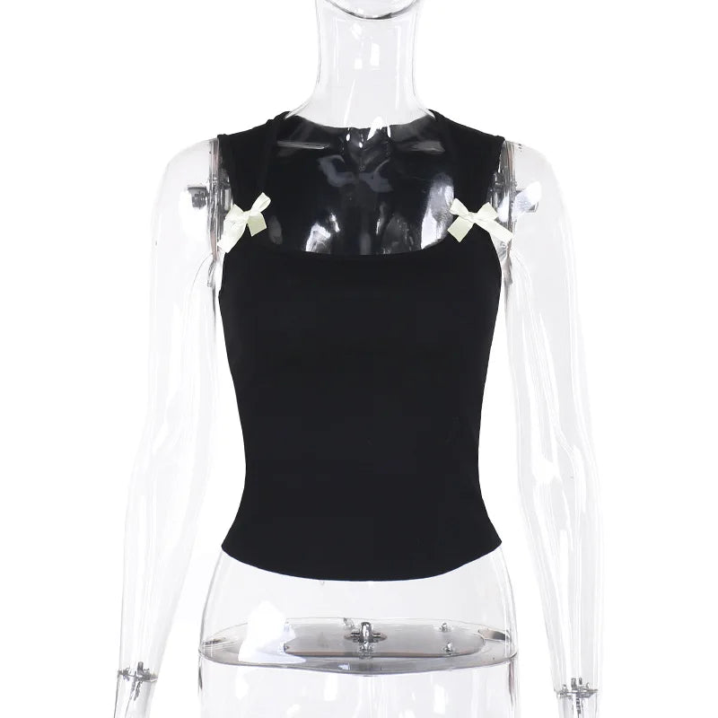 Y2K Women'S Bow Tie-Up Tank Tops Wide Shoulder Straps Bandage Camisole Sexy Low Cut Crop Tops Female Vest Tops