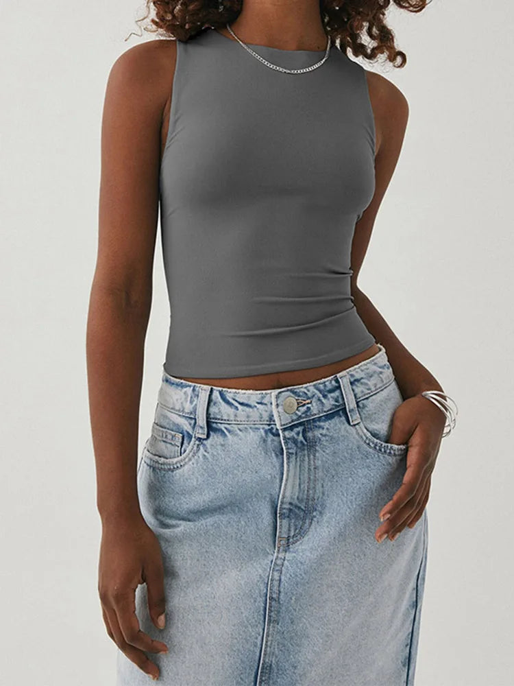 Sleeveless Tight Bottomed Shirt With Round Neck Racerback Top GRAY