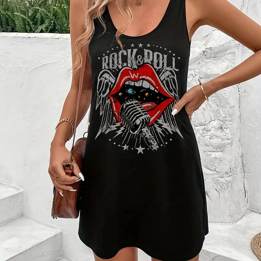 Women's Summer Sleeveless Tank Top Dress Sexy Women's summer loose sleeveless short mini dress with black print