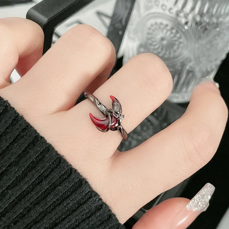 Y2K Moon Rose Ring Irregular Black Women Neo Gothic Hot Girl Design Sense Ring Anime Deep Red Moon Aesthetics Ring Jewelry Gift 02 red