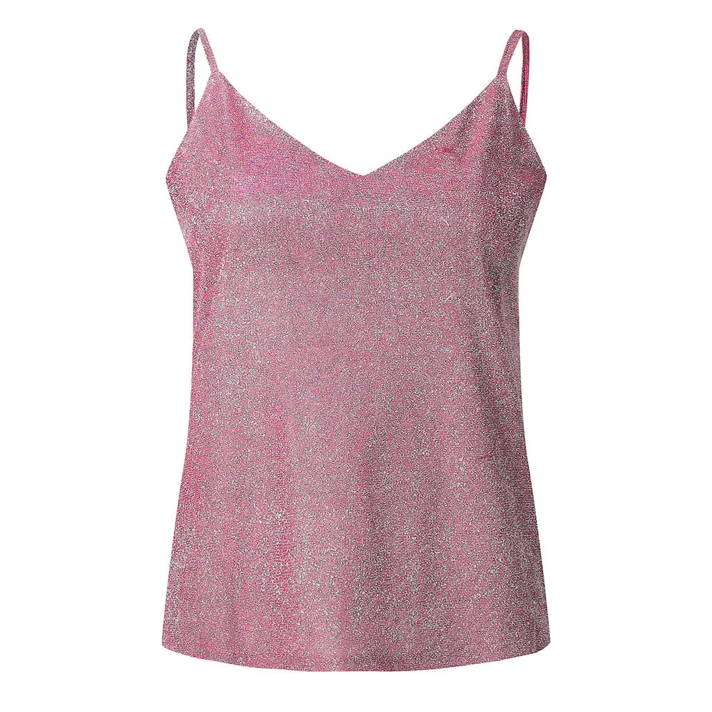 Women’s Solid Color V-Neck Tank Tops Ladies Glitter Strappy Sexy Cami Swing Vest Clubwear Fashion Canottiera Donna Estiva