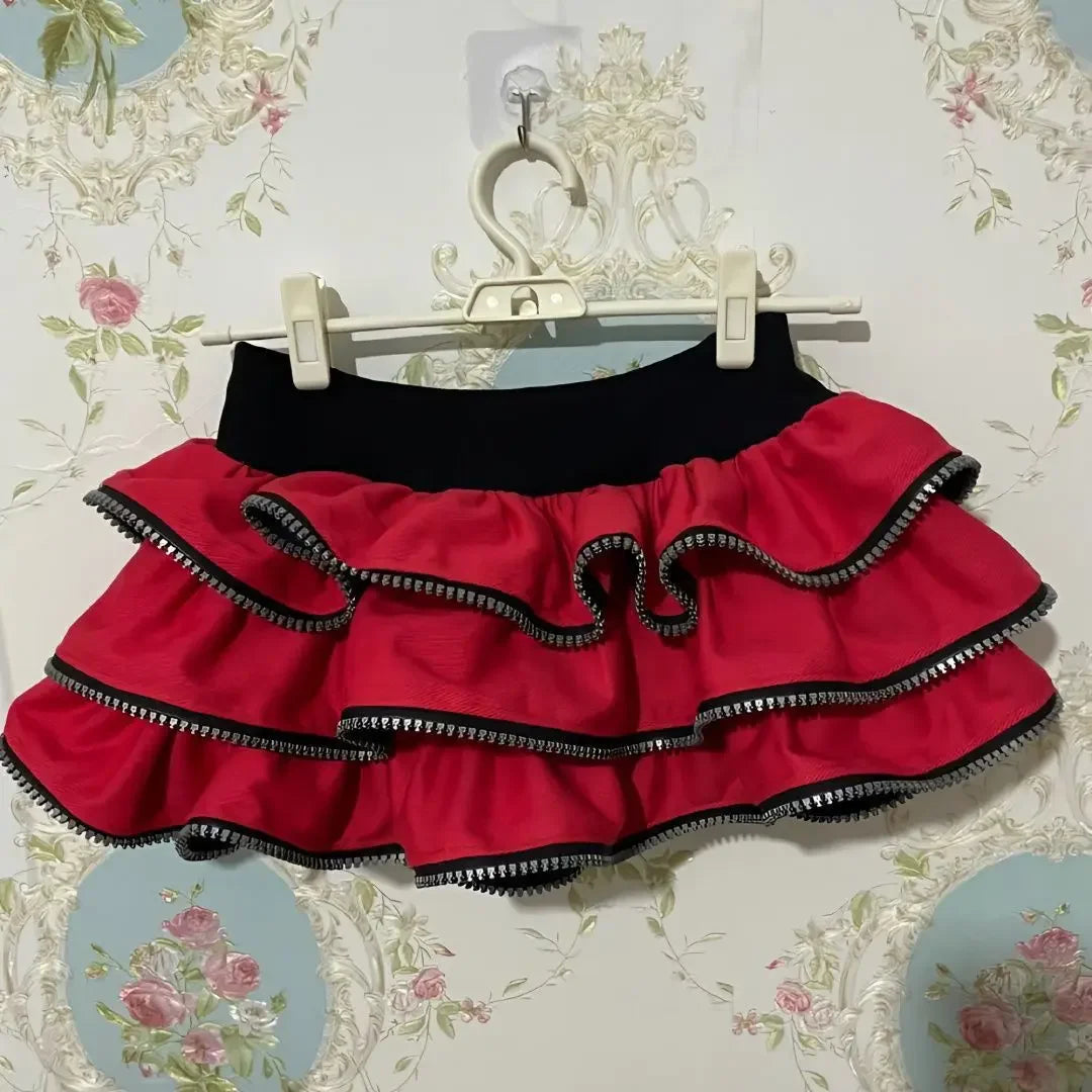 Zipper Half Skirt for Women Retro Punk Subculture Cake Puffy Skirt Japanese Lolita Y2K Spicy Girl High Waist Ultra Short Skirt Red
