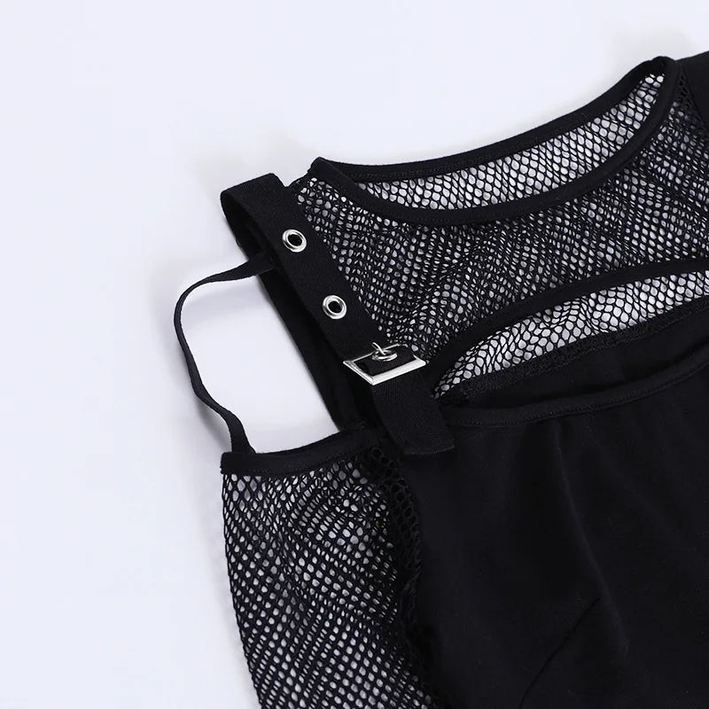 Goth Dark Mall Gothic Fishnet Patchwork T-shirts Grunge Punk Hollow Out Buckle Crop Tops Techwear Fashion Female Alt Streetwear