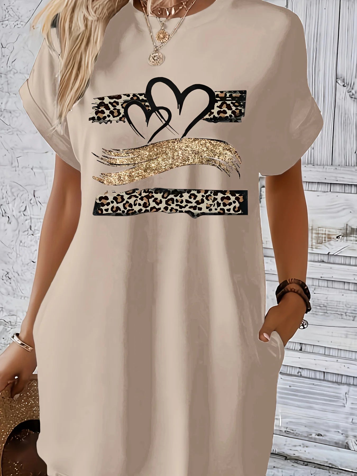 Women'S Casual Knit TShirt Dress with Heart Print Crew Neck Short Sleeve Fashionable Top Black with Colorful Flag Design HL611-KAQI