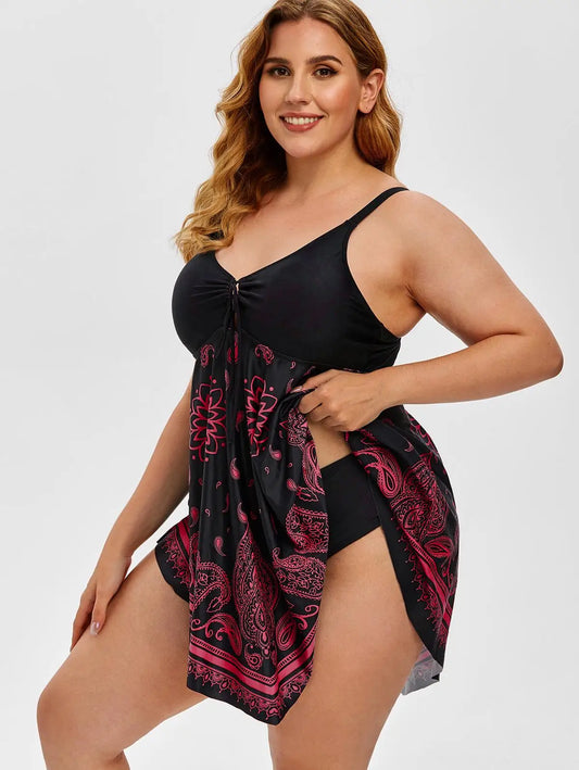 ROSEGAL Plus Size Women's Curve Paisley Handkerchief Padded Modest Tankini Swimsuit