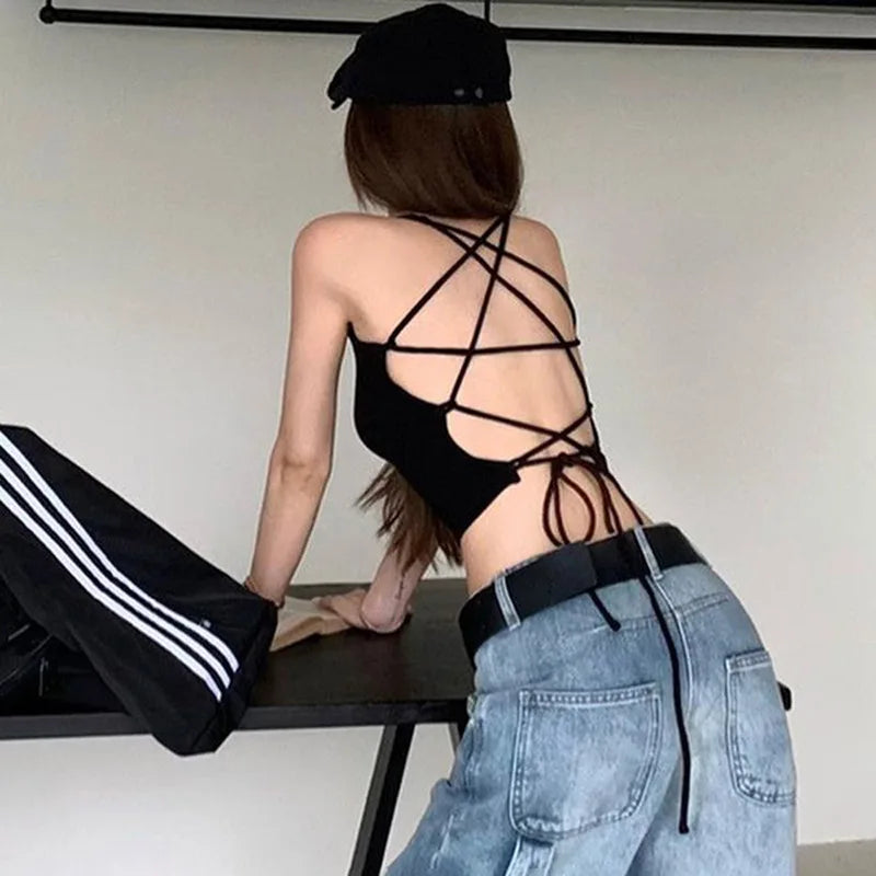 Y2K Women's Tops Backless Crop Top Sleeveless Sexy Cute Black Vest Tank Top Summer Cropped Vest Female 2000S Clothing