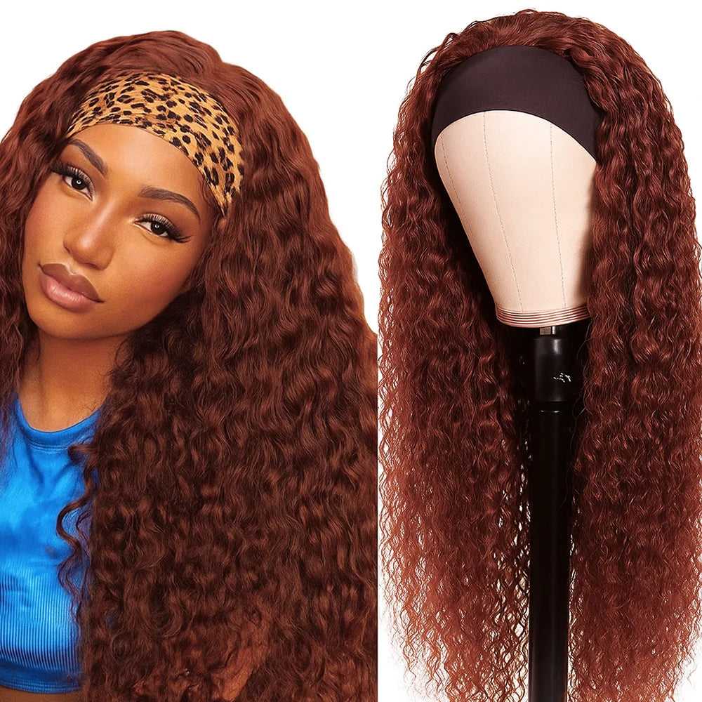 200% Density Headband Reddish Brown Wig Human Hair Ginger Deep Wave Burgundy 99J Curly Water Wave Glueless Wigs Clearance Sale Reddish Brown Wig United States
