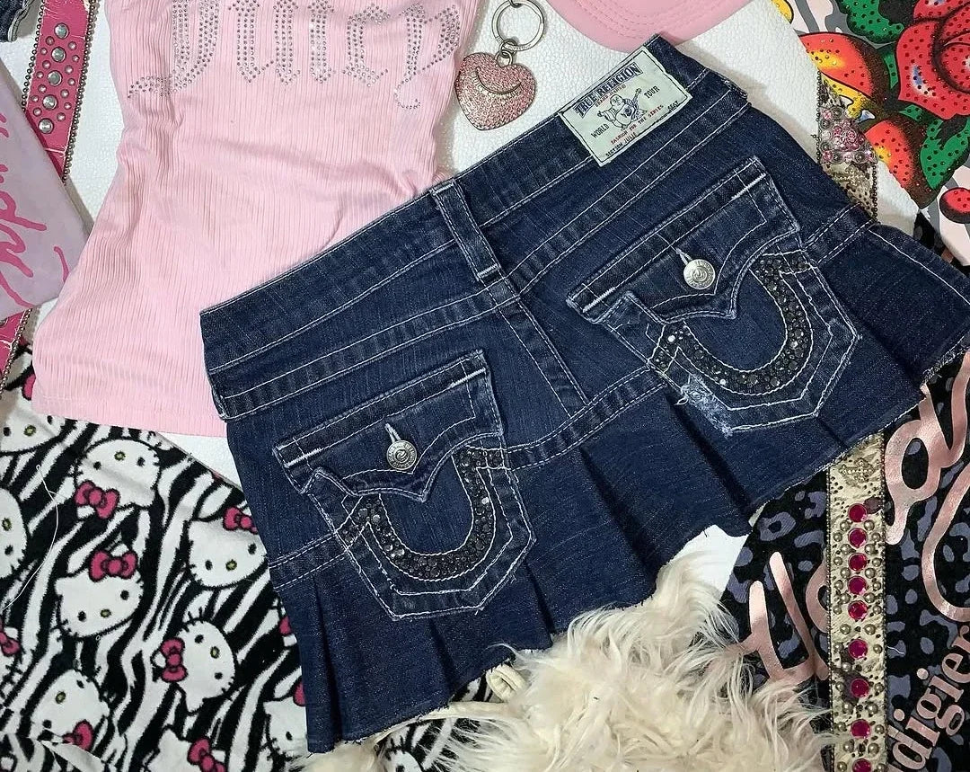 Streetwear Black Skirts Retro Goth Y2k Skirt Embroidered Pocket Patchwork with High Waist and Hip Bag Harajuku Denim Mini Skirt