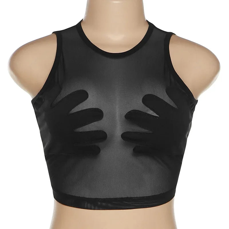 Fashion Round Neck Sleeveless Y2k Top Sexy Net Yarn Slightly Sheer Women Clothing High Stretch Embroidery Streetwear Crop Top