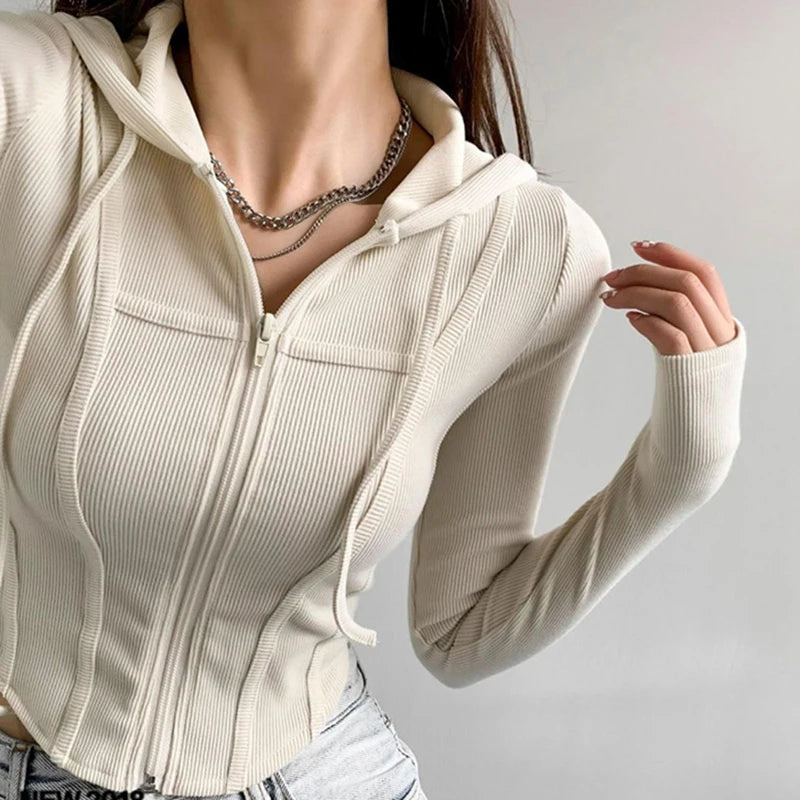 Thin Hooded Cardigan Women Korean Vintage Slim Summer Solid Sports Jacket Vertical Pit Stripe Zipper Female Sexy Cropped Tops WHITE