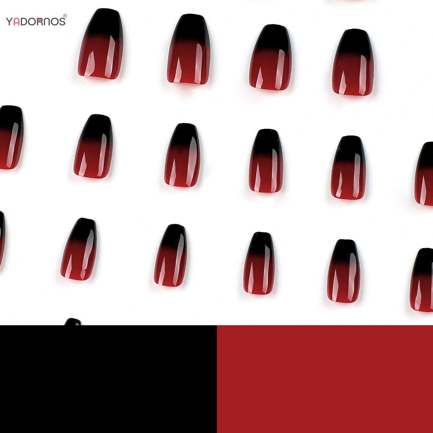 Red Black Gradient Press on Nails Medium Length Coffin Fake Nails with Sticky Tabs Ballerina False Nails Tips for Women 24Pcs