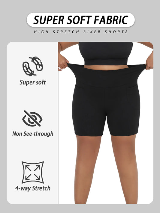 Plus Size High Waisted Biker Shorts For Women With Pockets Super Soft Tummy Control No See Through Workout Running Yoga Badiee Stylez