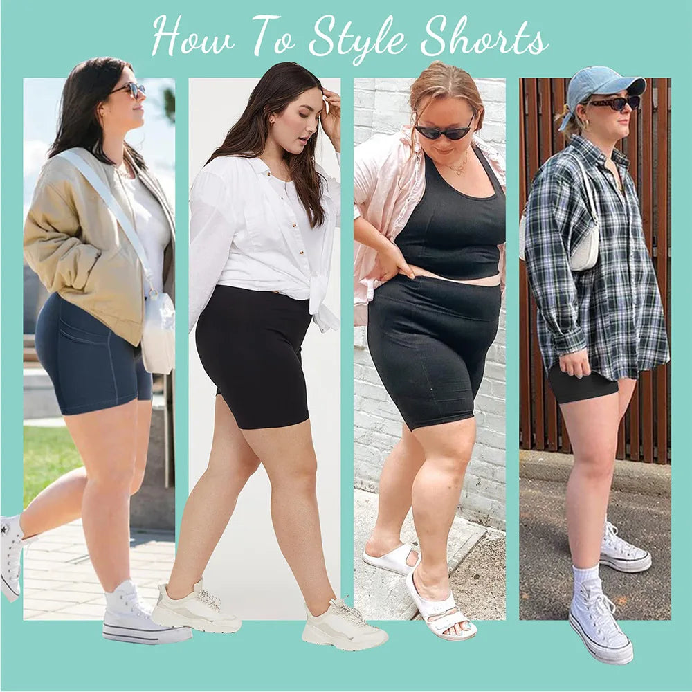 Plus Size Fit Yoga Shorts for Women's High Waist Side Pocket Workout Running Tight Stretchy Athletic Summer Fashion Slim Shorts
