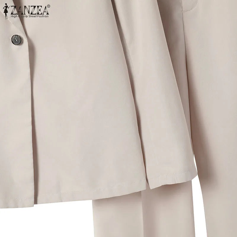 ZANZEA Korean Fashion Blazer Tops 2pcs Suits Autumn 2024 Solid Color Women Elegant Pant Sets Trousers Commute Blazer Suits