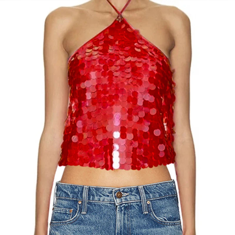 Y2k Sequin Beaded Halter Tops Boho Beach Backless Camis E-girl Sexy Club Party Sleeveless Shirt Vest Vintage Crop Tops Women Type 5