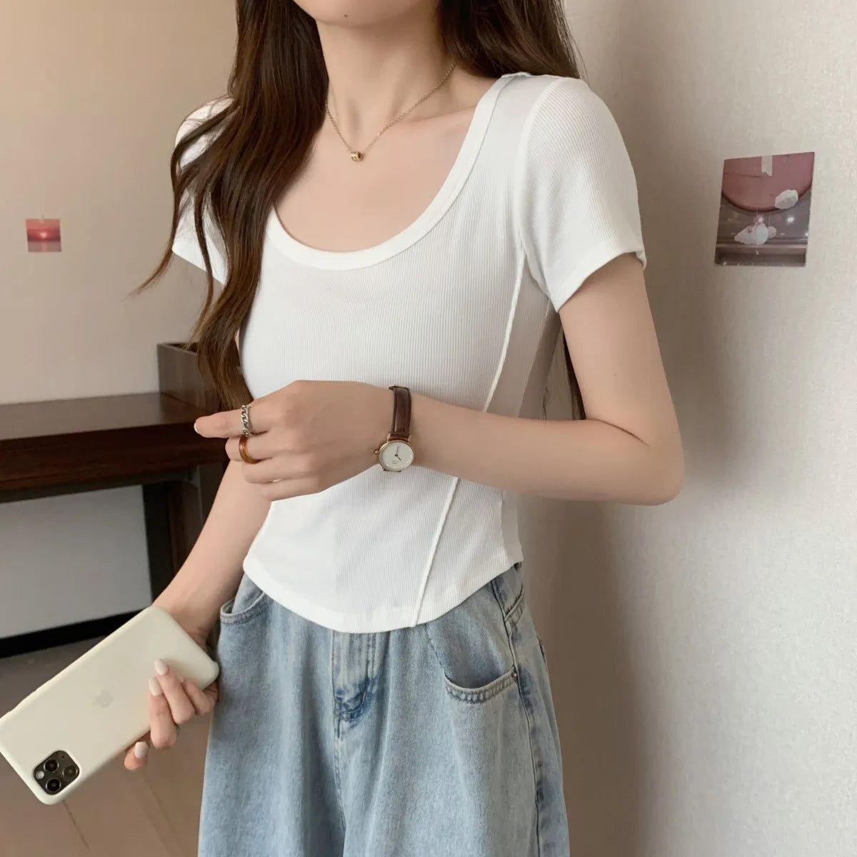 Y2K T-shirt Women V-neck Irregular Short Sleeve Crop Top New Korean Fashion Slim High Waist Solid Tee Shirt Woman Sexy Clothes