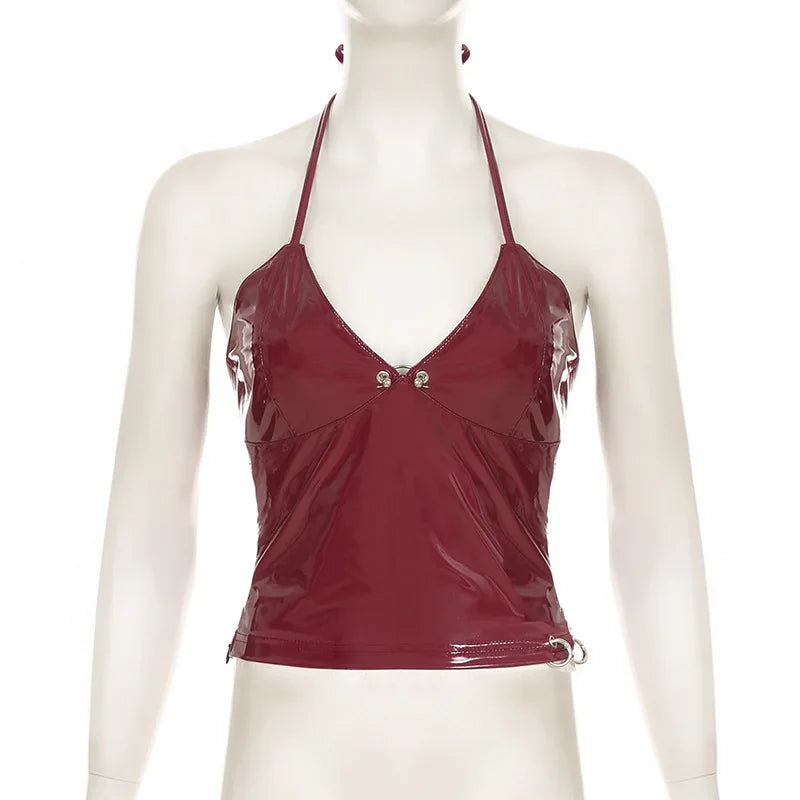 New y2k Solid Metal Button Women’s Halter Tops Sleeveless Pu Leather Punk Baddie Slim Women Blouses Streetwear Clothing Crop Top