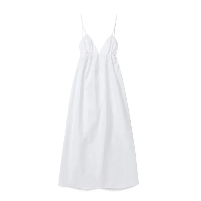 ZBZA Women's Backless Midi Dress Waistband V Neck Solid Pullover High Waisted Loose Fitting Camisole A-line Skirt New Chic Dress White