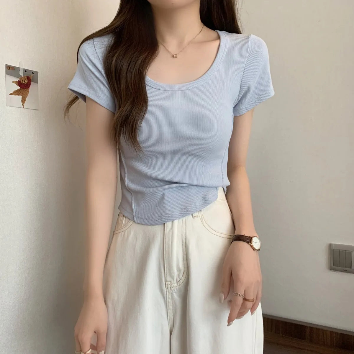 Y2K T-shirt Women V-neck Irregular Short Sleeve Crop Top New Korean Fashion Slim High Waist Solid Tee Shirt Woman Sexy Clothes