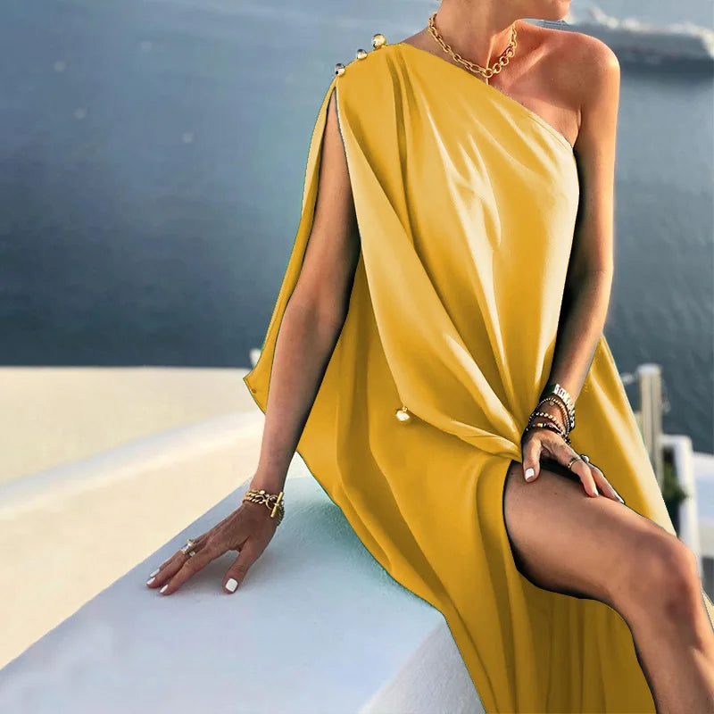 Patchwork Inclined shoulder Fashion Party Dress, Women Summer Beach Elegant Maxi Dress, 2024 Casual Diagonal Collar Ladies Dress Yellow